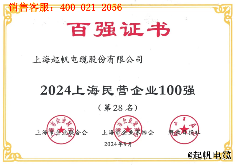 3.起帆電纜入圍2024年上海民營(yíng)企業(yè)100強(qiáng)第28名