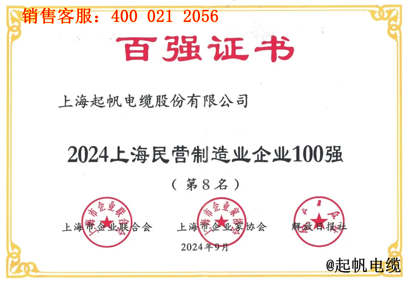 4.起帆電纜入圍2024年上海民營(yíng)制造業(yè)企業(yè)100強(qiáng)第8名